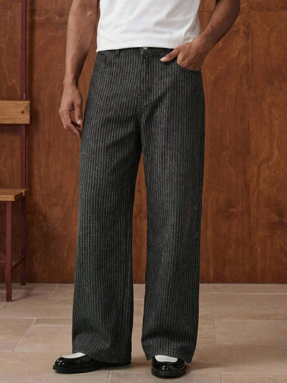 Black Casual Men's Striped Loose Wide Leg Jeans